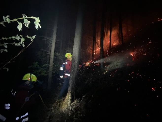 야간 산불 진화 중인 공중진화대 ⓒ산림청 제공