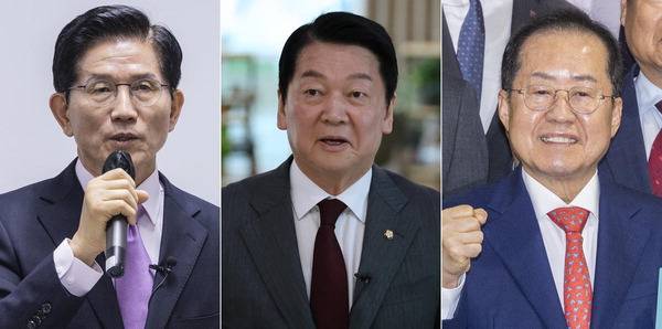 국민의힘 대선 경선 주자인 김문수(왼쪽 사진) 전 고용노동부 장관과 안철수 의원이 28일 각각 서울 캠프 사무실과 대전시의회에서 경제 정책공약과 충청권 공약을 발표하고 있다. 오른쪽 사진은 홍준표 전 대구시장이 이날 서울 여의도 중소기업중앙회를 방문해 중소기업인들과 기념촬영을 하는 모습. 연합뉴스