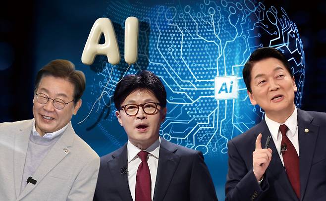 주요 대선 후보들이 앞다퉈 'AI 3대 강국' 도약, 100조원대 투자를 예고하는 AI 정책 공약을 내놓는 가운데 현실성이 부족한 AI 공약에 대한 비판의 목소리가 나온다. /그래픽=김은옥 기자