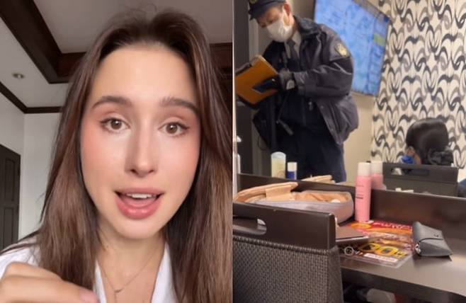 일본 호텔 객실 침대 아래에서 낯선 남성을 발견한 관광객(왼쪽)과 이를 조사하는 경찰의 모습./ 인스타그램