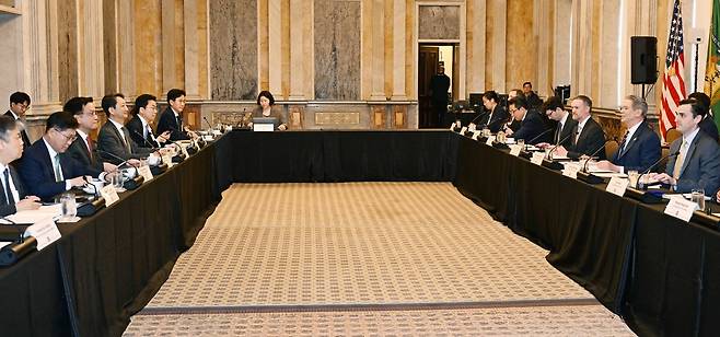 지난 24일(현지시간) 미국 워싱턴 D.C. 재무부 회의실에서 열린 한미 2+2 통상협의. 기획재정부 제공