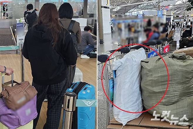 출국 수속을 밟고 있는 일본 관광객들. 좌측은 한국에서 구매한 쌀. 최원철 기자