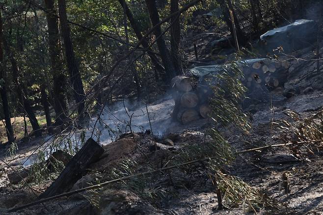대구 함지산 산불 최초 발화 추정지 (대구=연합뉴스) 박세진 기자 = 29일 대구 북구 노곡동 함지산 산불 최초 발화 추정지 일대에 연기가 피어오르고 있다. 2025.4.29 psjpsj@yna.co.kr