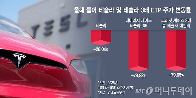올해 들어 테슬라 및 테슬라 3배 ETP 주가 변동률/그래픽=김지영