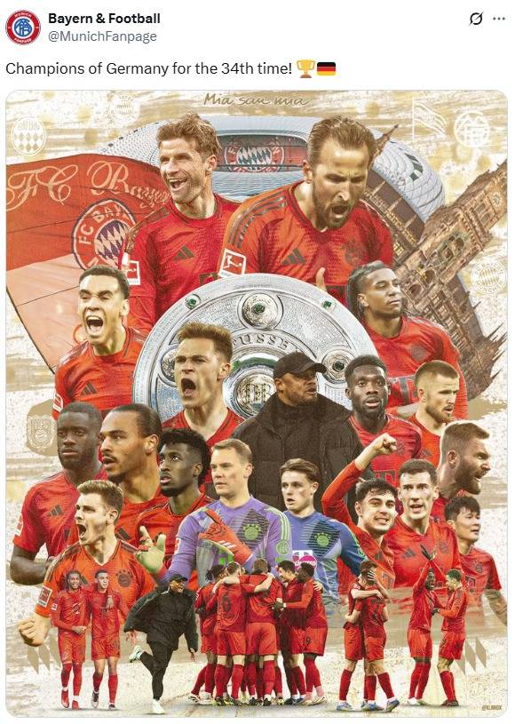 바이에른 뮌헨이 통산 34번째 독일 분데스리가 우승을 차지했다. (바이에른 뮌헨 SNS 캡처)