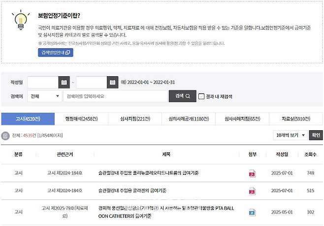 건강보험심사평가원 홈페이지 내 보험인정기준 게시판. 새로운 사례가 나올 때마다 업데이트해 심평원 내에도 모든 규정을 아는 담당자가 없다.(사진=건강보험심사평가원)