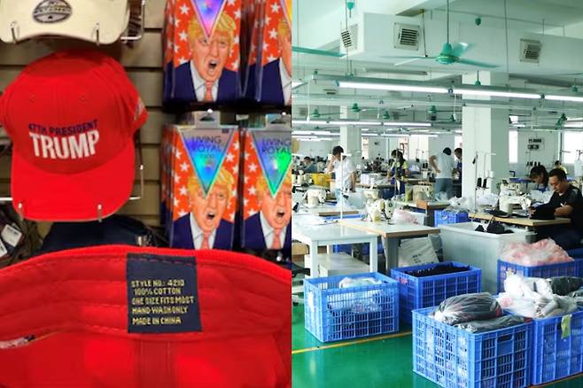 미국 워싱턴 DC 백악관 근처 기념품점에서 판매 중인 ‘47대 대통령 트럼프’ 모자의 라벨에 중국산을 뜻하는 ‘Made in China’ 문구가 적혀 있다(왼쪽). 중국에 고율 관세를 부과하며 무역 전쟁에 나선 트럼프 기념품마저도 중국에서 만들어지는 역설을 상징하는 장면이다. 오른쪽 사진은 트럼프의 ‘MAGA(미국을 다시 위대하게)’ 기념품 모자를 생산하는 중국 업체 광저우관다 공장에서 조업이 진행 중인 모습./박국희 특파원·광저우관다