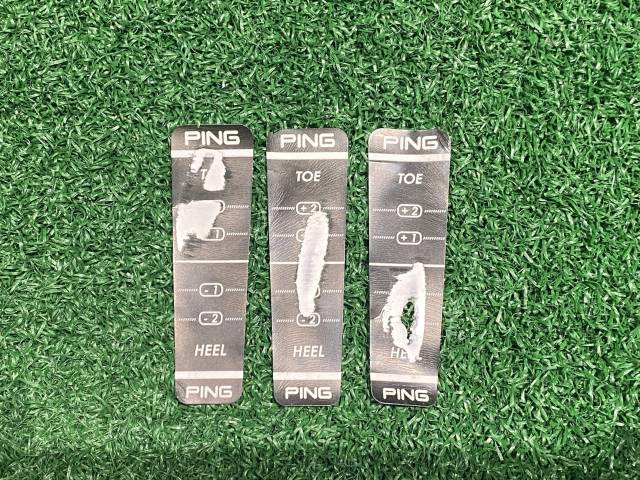 플랫 라이각(왼쪽부터), 적절한 라이각, 업라이트 라이각 아이언의 임팩트 지점.