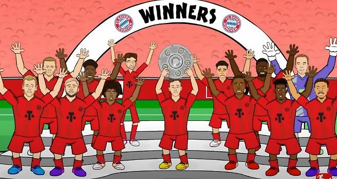 ▲ 분데스리가의 바이에른 뮌헨 우승 기념 사진. 13명의 선수를 애니메이션화 했지만, 김민재의 모습은 찾아볼 수 없다. ⓒ분데스리가