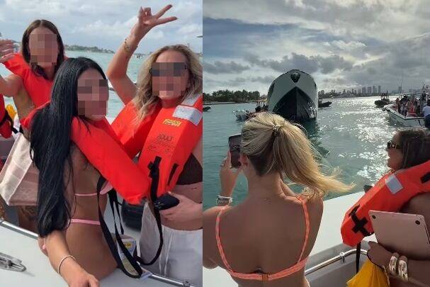 요트에서 구조된 후 침몰하는 요트 사진을 찍거나 웃으며 농담하는 인플루언서들의 모습. /인스타그램