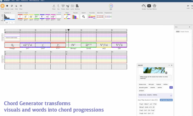 카이스트와 미국 카네기맬런대 공동 연구진이 개발한 음악 생성형 인공지능(AI) '어뮤즈'의 화면. 오른쪽 아래에 텍스트와 이미지를 입력하면 그에 어울리는 코드 흐름이 자동으로 생성돼 왼쪽 위에 나타난다. 유튜브 캡처