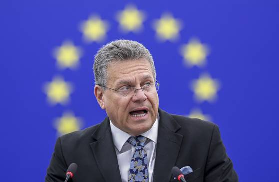 마로스 세프초비치 EU(유럽연합) 무역·경제안보 담당 집행위원이 6일(현지시간) 프랑스 스트라스부르에서 열린 유럽의회 본회의에 참석해 발언하고 있다. EPA=연합뉴스