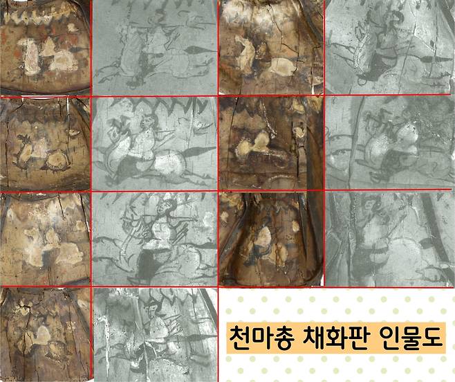 적외선 촬영결과 인물들이 도드라지게 보였다. 말 탄 인물은 말의 움직임에 호응하려고 머리를 약간 뒤로 젖혀있다. 몸의 균형을 유지하려고 발받침대에 얹은 발에 힘을 주어 앞으로 뻗었다. 어깨에는 짧은 활을 걸쳐 멨고, 오른쪽 허리춤에는 화살통이 보인다.