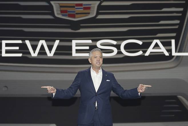 GM Korea CEO Hector Villarreal speaks during a media unveiling of the all-new Cadillac Escalade SUV on April 16 in Gwangmyeong, Gyeonggi Province. (GM Korea)