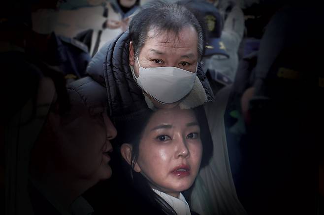 (위)정치자금법 위반 혐의를 받는 건진법사 전성배씨가 지난해 12 월 서울남부지법에서 열린 영장실질심사에 출석하는 모습. (아래)윤석열 전 대통령과 김건희 여사가 헌법재판소 파면 결정 후 일주일 만인 4월11일 서울 용산구 한남동 대통령 관저를 떠나고 있다. ⓒ연합뉴스·시사저널 이종현