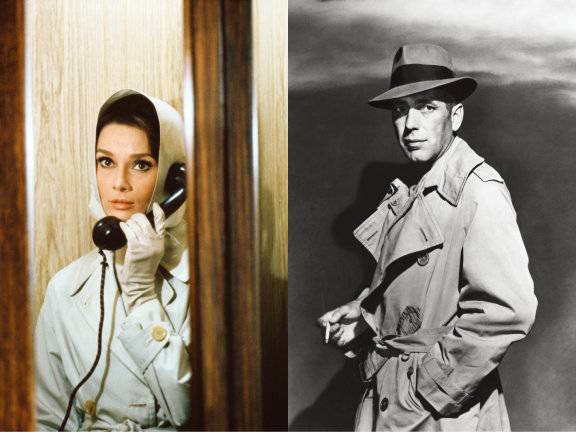 영화 ‘티파니에서 아침을’ 속 트렌치코트를 입고 서 있는 오드리 헵번의 모습은 명장면 중 하나로 기록된다.(좌) 영화 ‘카사블랑카’에서 냉소적인 로맨티스트를 열연하며 스타텀에 오른 험프리 보가트의 트렌치코트 패션. (우)