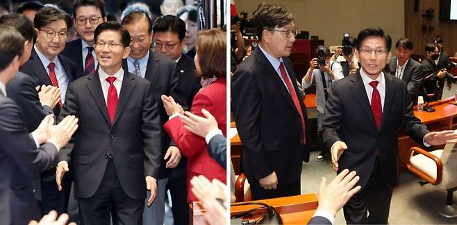 국민의힘 김문수 대선 후보가 9일 서울 여의도 국회에서 열린 의원총회에 기립박수를 받으며 참석하고 있다(왼쪽 사진). 이후 권영세 비상대책위원장과 '후보 단일화' 문제를 두고 충돌한 뒤 도중에 퇴장하고 있다(오른쪽 사진). 연합뉴스