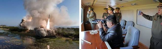 김정은 북한 국무위원장이 지난 8일 전술형 핵무기 탑재용 장거리포 및 미사일체계 합동타격훈련을 지도했다고 당 기관지 노동신문이 9일 보도했다. 노동신문, 뉴스1