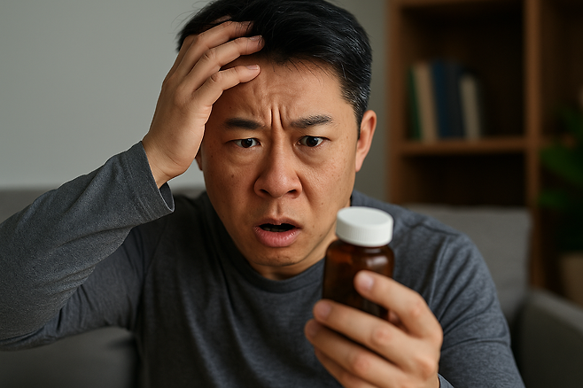 한 손에는 약 병을 한 손은 이마에 짚고 있는 남성