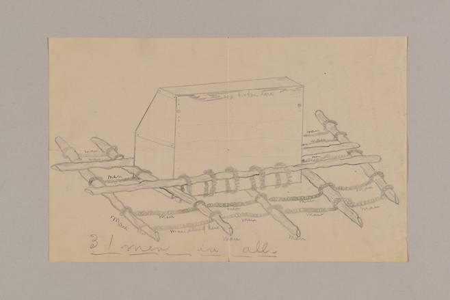 사보담 선교사 부인 에피가 그린 스케치. 피아노 운반 도구를 그렸다. 사문진 나루터에서 대구 시내 종로의 집까지 장정 20여명이 2박3일간 달라붙어 날랐다. 16킬로미터 정도였다고 한다. /부산박물관