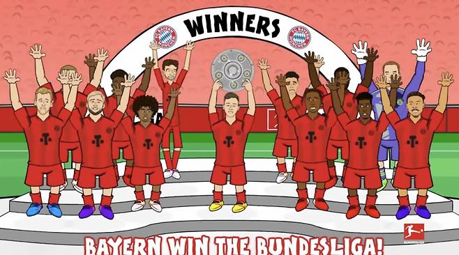 뮌헨 선수들을 캐릭터화해서 우승을 조명한 분데스리가 사무국. 13명의 선수들이 포함됐지만, 김민재가 빠졌다. 사진=분데스리가 유튜브 캡처