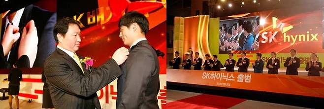 SK하이닉스는 2012년 3월 공식 출범했다. 최태원 SK 회장이 지난 2012년 3월26일 경기도 이천 본사에서 SK하이닉스 출범식에서 직원에게 행복날개 배지를 달아주고 있다.(왼쪽 사진) 최 회장은 이날 출범식에서 세계 최고 반도체 회사로 도약하기 위한 새 출발을 선언했다. (오른쪽 사진)
