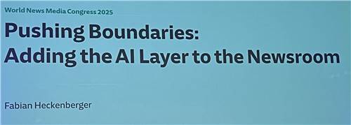 "경계를 확장하다: 뉴스룸에 AI 접목하기" (크라쿠프=연합뉴스) 권영전 기자 = 독일 쥐트도이체차이퉁(SZ)의 AI 총괄 및 수석 에디터 파비안 헤켄베르거가 폴란드 크라쿠프에서 지난 5일 열린 제76회 세계 뉴스미디어 총회에서 자사의 AI 혁신 과정을 설명하는 자료. 2025.5.9 comma@yna.co.kr