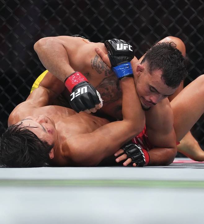 다니엘 산토스가 이정영을 옥타곤 바닥에 눌러두고 있다. 사진=UFC 코리아 SNS