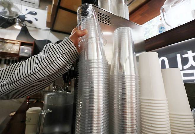 서울의 한 커피전문점에 일회용 플라스틱 컵이 쌓여 있다. /뉴스1