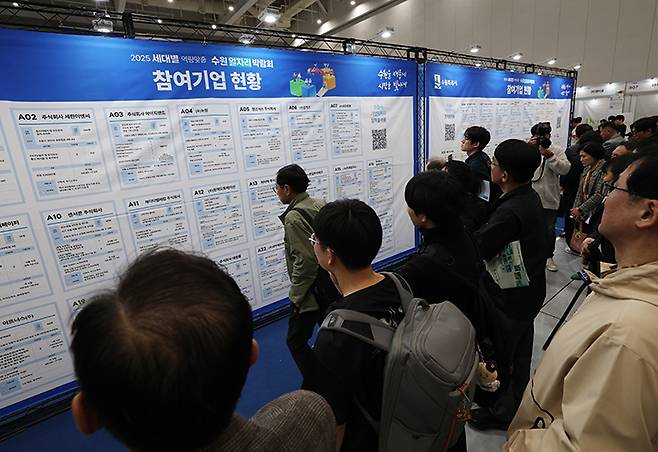 경기 수원시 영통구 수원컨벤션센터에서 열린 '2025 수원 일자리박람회'에서 구직자들이 참여기업 현황판을 살펴보고 있다. 2025.4.9 (ⓒ뉴스1, 무단 전재-재배포 금지)
