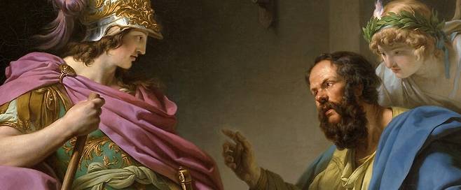 알키비아데스(왼쪽)와 소크라테스(가운데). 알키비아데스는 소크라테스를 유혹하지만 실패한다. 위키미디어 코먼스