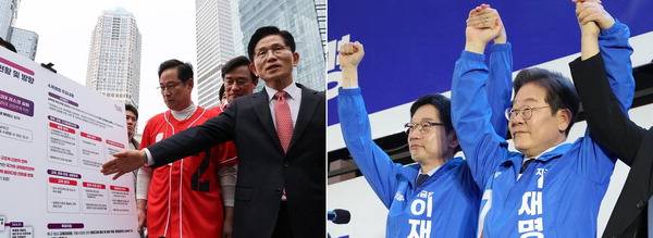 국민의힘 김문수 대선 후보가 13일 부산 남구 부산국제금융단지를 찾아 KDB산업은행 본사 부산 이전을 약속하고 있다. 이원준 기자 windstorm@kookje.co.kr(왼쪽 사진), 더불어민주당 이재명(오른쪽) 대선 후보와 총괄선거대책위원장인 김경수 전 경남도지사가 13일 울산 남구 삼산동에서 진행한 선거 유세에서 인사하고 있다. 연합뉴스