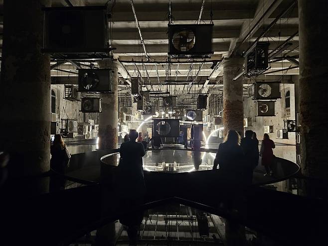 "The Third Paradise Perspective" by Pistoletto Cittadellarte Foundation is on view at the entrance to the exhibition of Venice Biennale 2025 at the Arsenale in Venice, Italy, Thursday. (Park Yuna/The Korea Herald)