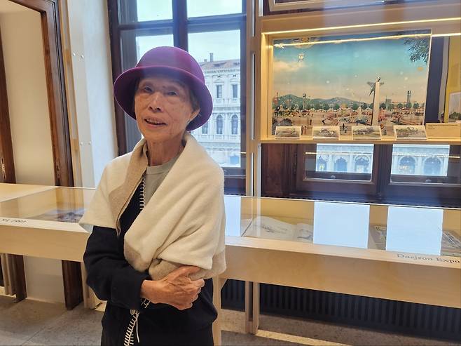 Landscape architect Jung Young-sun poses for a photo at the exhibition “For All That Breathes on Earth: Jung Youngsun and Collaborators” on Wednesday in Venice, Italy. (Park Yuna/The Korea Herald)