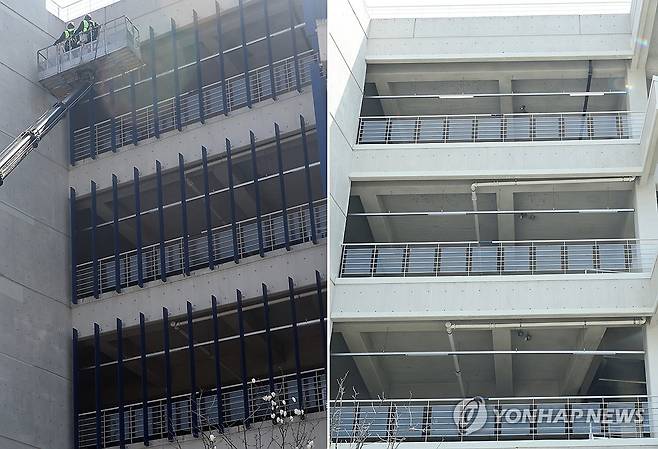 창원NC파크 외장 마감재 루버 전체 철거 (창원=연합뉴스) 김동민 기자 = 29일 오후 경남 창원시 마산회원구 창원NC파크 야구장 외장 마감재 '루버'가 철거된 모습.
왼쪽 사진은 지난 1일 루버 안전 점검을 하는 모습. 2025.4.29 image@yna.co.kr