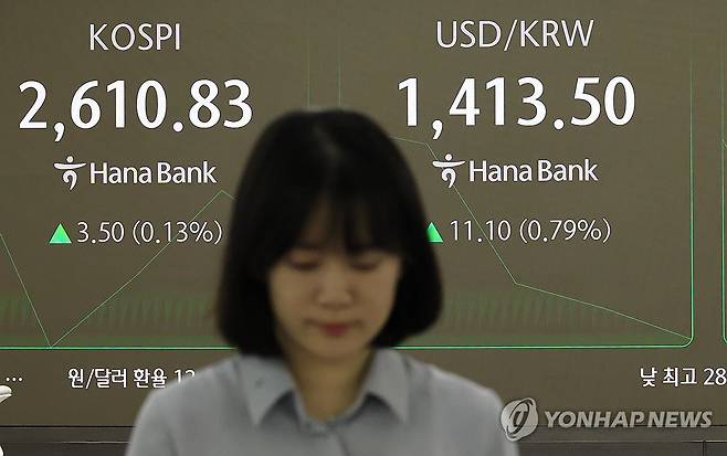 코스피 보합으로 출발 (서울=연합뉴스) 최재구 기자 = 13일 서울 중구 하나은행 본점 딜링룸에서 직원들이 증시 및 환율을 지켜보고 있다. 이날 코스피는 미국과 중국의 관세전쟁 휴전 소식에도 약보합으로 장을 시작했다. 오전 9시 2분 현재 코스피 지수는 전 거래일 대비 1.83포인트(0.07%) 오른 2,609.16이다. 2025.5.13 jjaeck9@yna.co.kr