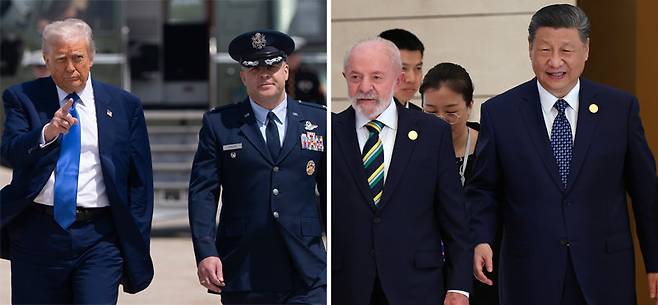 12일(현지 시간) 도널드 트럼프 대통령(왼쪽 사진 왼쪽)이 중동 순방을 위해 미국 메릴랜드주 앤드루스 합동기지에서 전용기로 이동하고 있다. 시진핑 중국 국가주석(오른쪽 사진 오른쪽)은 이날 베이징 국가회의센터에서 열린 중국·남아메리카 및 카리브해 국가공동체(CELAC) 포럼에 루이스 이나시우 룰라 다 시우바 브라질 대통령과 함께 회의장에 입장하고 있다. 이날 미국과 중국은 상대국에 대한 관세를 115%포인트씩 90일간 인하하기로 합의했다. 프린스조지스·베이징=AP 뉴시스