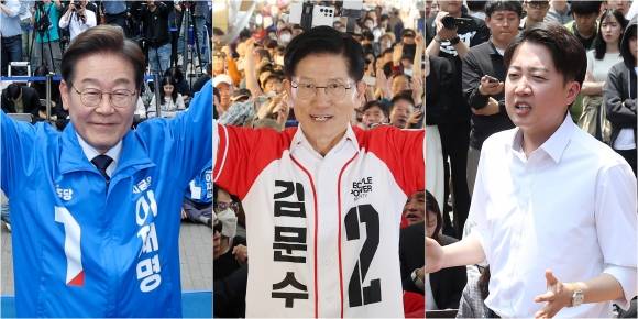 집중 유세 펼치는 이재명·김문수·이준석 - 제21대 대통령 선출을 위한 공식 선거운동 이틀째인 13일 더불어민주당 이재명 대선 후보(사진 왼쪽부터)가 대구광역시 동성로 거리에서, 국민의힘 김문수 대선 후보가 울산 남구 신정시장에서, 개혁신당 이준석 대선 후보가 대구 경북대학교에서 집중 유세를 하고 있다. 2025.5.13 연합뉴스