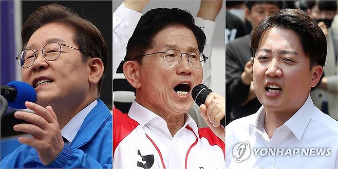 집중 유세 펼치는 이재명·김문수·이준석 (서울=연합뉴스) 김주성 박동주 유영석 기자 = 제21대 대통령 선출을 위한 공식 선거운동 이틀째인 13일 더불어민주당 이재명 대선 후보(사진 왼쪽부터)가 대구광역시 동성로 거리에서, 국민의힘 김문수 대선 후보가 울산 남구 신정시장에서, 개혁신당 이준석 대선 후보가 대구 경북대학교에서 집중 유세를 하고 있다. 2025.5.13 photo@yna.co.kr
