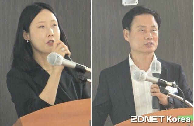 15일 열린 방위산업지식연구회 주제 발표자 이동석 켄텍 군에너지전환연구센터장(오른쪽)과 전영옥 대전디자인진흥원 전략산업팀장.