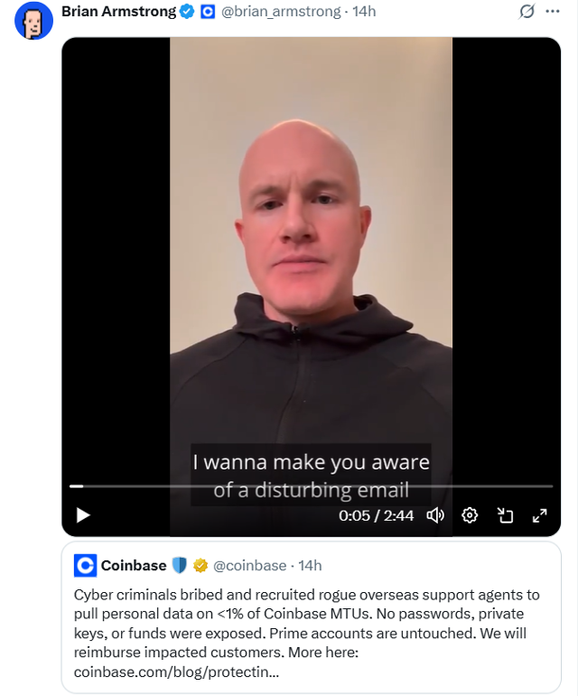 브라이언 암스트롱 코인베이스 최고경영자(CEO)는 자신의 사회관계망서비스(SNS)에 "해커들이 회사에 2,000만 달러(약 280억 원)를 요구했다"고 적었다. X 캡처