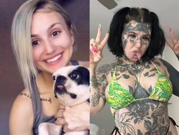 오릴란이 몸 전체와 눈동자에 문신을 새기고 혀를 쪼개기 전(왼)과 후(오)의 모습/사진=더 선