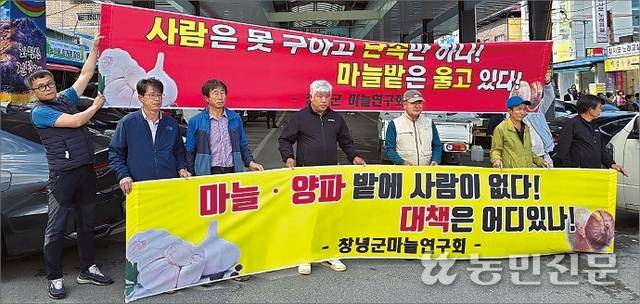 경남 창녕군청 인근에서 지역 마늘농가들이 불법체류자 집중단속 유보를 요청하는 플래카드를 들고 있다.