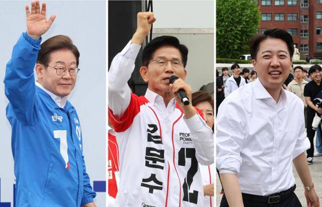 16일 전북 익산, 경기 수원, 충남 천안에서 각각 유세하는 이재명(왼쪽부터) 더불어민주당·김문수 국민의힘·이준석 개혁신당 대선 후보. 연합뉴스
