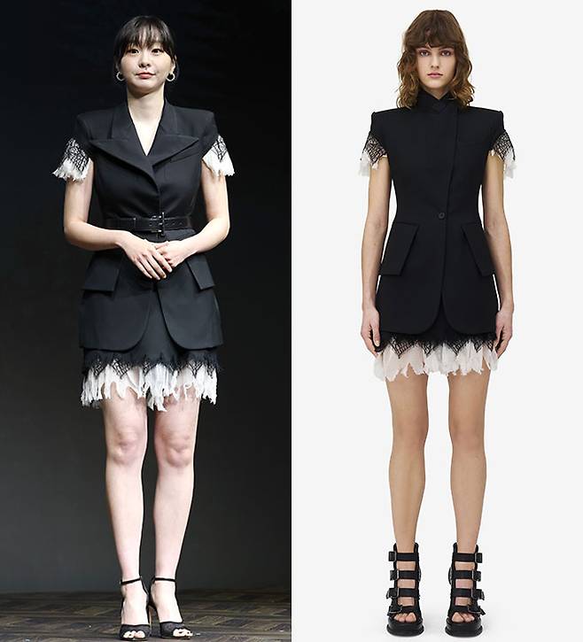 배우 김다미가 지난 14일 서울 종로구 JW 메리어트 동대문 스퀘어 서울에서 열린 디즈니+ 오리지널 시리즈 '나인 퍼즐' 제작발표회에서 매혹적인 레이스 패션을 선보였다./사진=뉴스1, 알렉산더 맥퀸(Alexander McQueen)