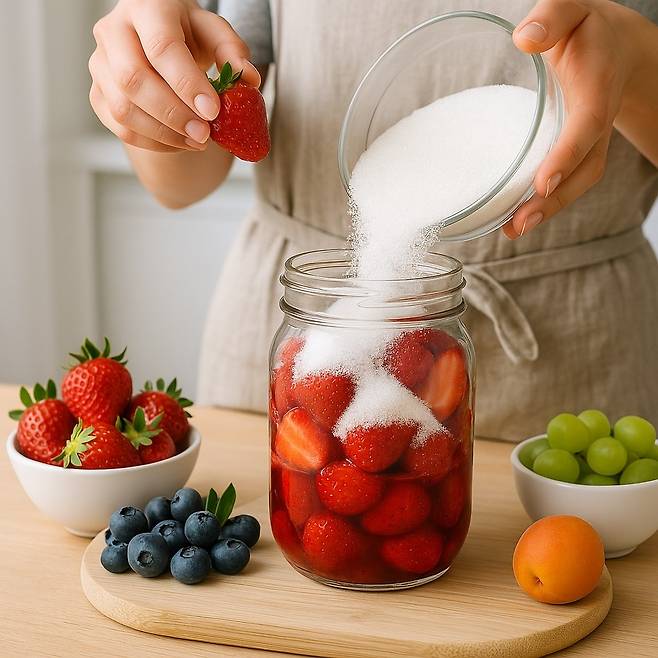 과일과 설탕으로 과일청 제조하는 모습. 사진|챗GPT 생성