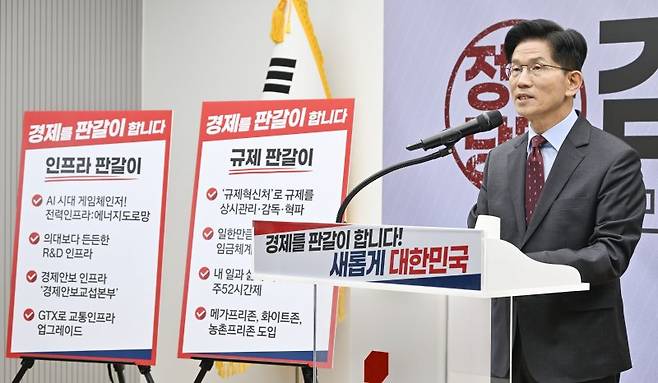 김문수 국민의힘 대통령 후보가 18일 서울 여의도 국민의힘 중앙당사에서 '경제를 판갈이 합니다! 새롭게 대한민국' 경제 공약 발표를 하고 있다. 사진=뉴스1
