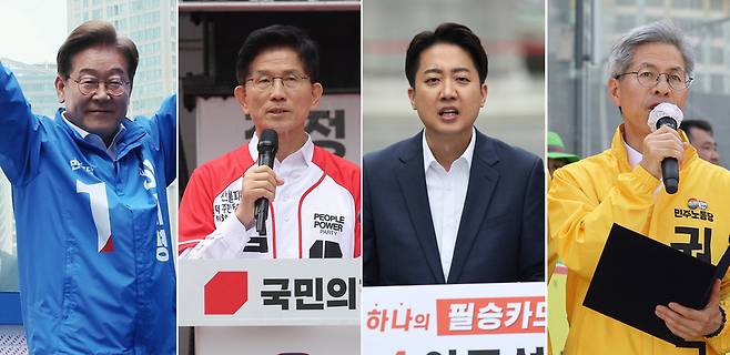 ▲ 제21대 대통령 선거를 15일 앞둔 19일 더불어민주당 이재명(왼쪽 사진부터) 대선 후보가 서울 용산역 광장에서, 국민의힘 김문수 대선 후보가 서울 청계광장에서, 개혁신당 이준석 대선 후보가 서울 광화문 광장에서, 민주노동당 권영국 대선후보가 울산 현대자동차 울산공장 정문앞에서 지지를 호소 하고 있다. /연합뉴스