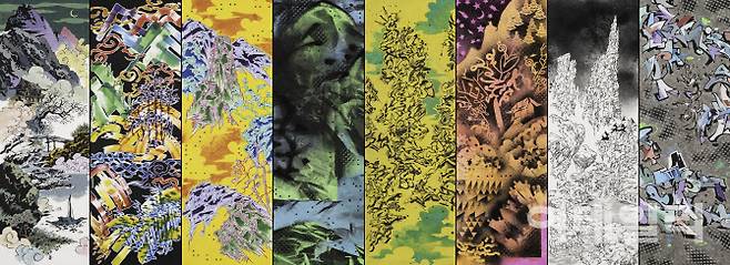 손동현 ‘사계산수’(四季山水·Landscape of the Four Seasons, 2024∼2025), 종이에 먹·잉크·크레용·인주, 182×360㎝(8곡병 각폭 45㎝)(사진=김달진미술자료박물관)