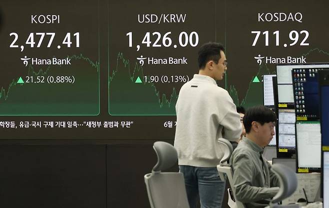 서울 중구 하나은행 딜링룸에서 딜러들이 업무를 보고 있다(자료사진). ⓒ뉴시스